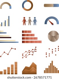 Eine Sammlung verschiedener Infografik-Elemente, darunter Balkendiagramme, Liniendiagramme, Tortendiagramme und Fortschrittsindikatoren in Braun- und Blautönen auf weißem Hintergrund.