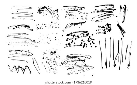 Collection of various ink splashes. Paint splatter blotches isolated on white background. Vector.