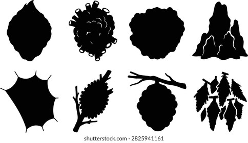 A collection of various insect nests, wasp hives, termite mounds, egg sacs, and spider webs in solid black silhouette. Ideal for biological diagrams, nature educational resources, pest control graphics, and wildlife illustrations.