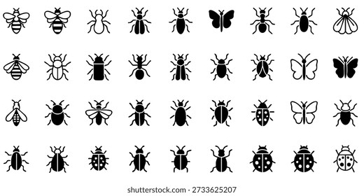 Colección de varias siluetas de insectos en diferentes poses y estilos sobre un fondo limpio