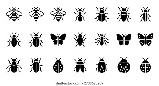 Coleção de várias silhuetas de insetos em diferentes poses e estilos em um fundo limpo