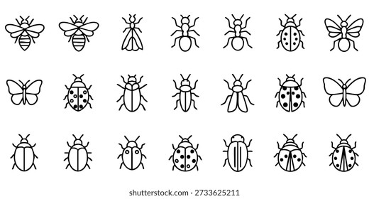Coleção de várias silhuetas de insetos em diferentes poses e estilos em um fundo limpo