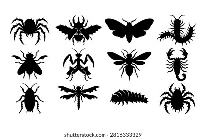 A collection of various insects and arachnids presented as detailed black silhouettes, ideal for halloween themed designs and illustrations.