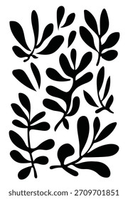 Colección de varias siluetas aisladas de hojas y plantas negras sobre un fondo blanco