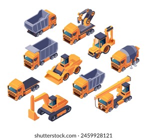 A collection of various isometric construction vehicles isolated on a white background, vector illustration, depicting transportation and machinery equipment