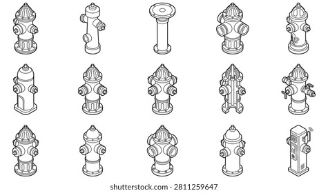 Collection of various isometric fire hydrant outlines showing different valve configurations and modern emergency water supply station models.