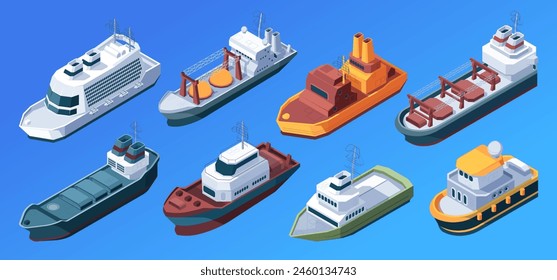 Collection of various isometric ships on a blue background, Maritime transport. Set of isometric vector illustrations isolated on blue background