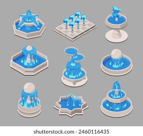 Una colección de varias fuentes de agua isométricas, Ilustración vectorial sobre un fondo gris, concepto de decoración urbana. Conjunto de Ilustraciones vectoriales isométricas aisladas sobre fondo blanco