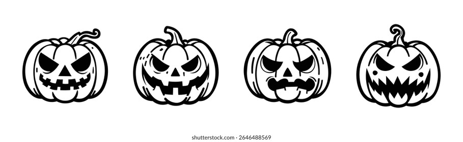 A collection of various jack-o'-lantern outlines with different carved spooky faces. Perfect for Halloween, autumn, or festive designs.