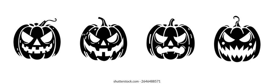 A collection of various jack-o'-lantern silhouettes with different carved spooky faces. Perfect for Halloween, autumn, or festive designs.