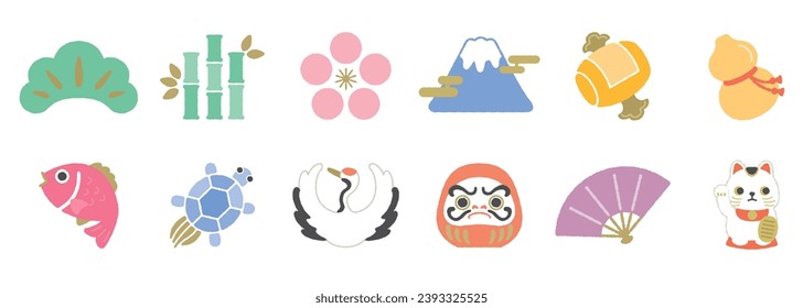 Collection of various Japanese lucky charms icons