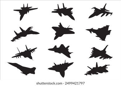 Una Colección de varios tipos de cazas Jet en Vector de silueta negro