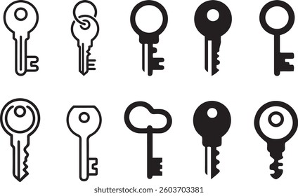 Collection of Various Key Icons in Simple Silhouette Style