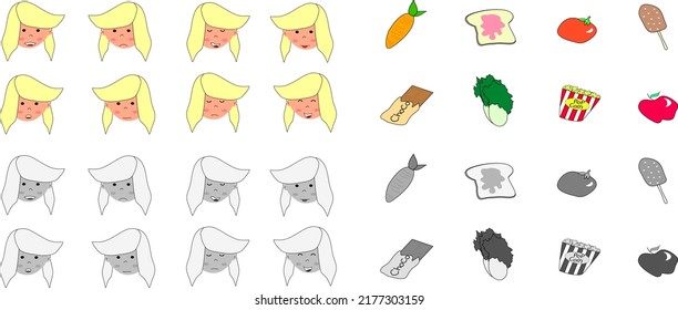 Collection of various kid expressions. Colorful modern trendy vector illustration. Carrot, white bread, tomato, ice cream, chocolate, cabbage, pop corn, apple. All elements are isolated.