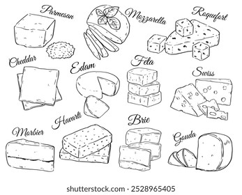 Collection of various kind of cheese hand drawn outline drawing vector food illustration set 2