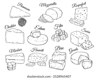 Collection of various kind of cheese hand drawn outline drawing vector food illustration set 3
