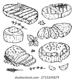 Coleção de vários tipos de desenho de bife de carne desenhado à mão ilustração de desenho