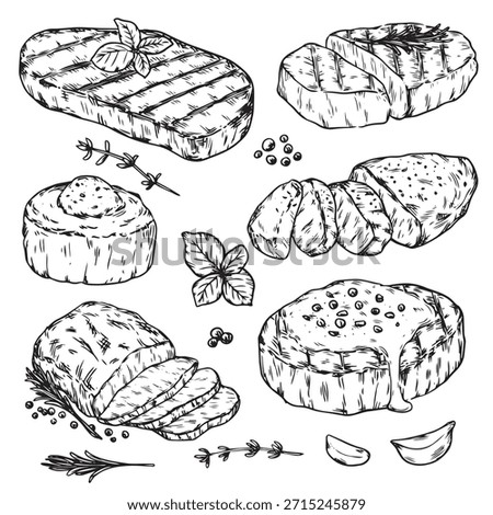Collection of various kind of hand drawn meat steak outline drawing illustration