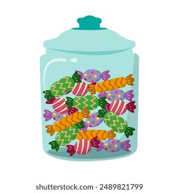 a collection of various kinds of candy with full colors in a jar. flat design vector. Halloween candy