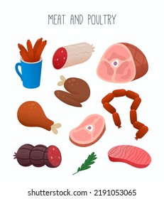 Collection of various kinds of meat commonly sold at a supermarket or at a butcher store. Images for labels for meat department or online store, media and web. Isolated vector image.