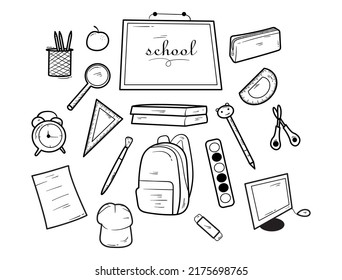 Sammlung verschiedener Arten von Schulmaterial, Schuldoodles, Illustrationen