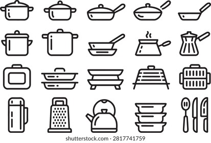 Collection of various kitchen cookware and utensils icons isolated on transparent background