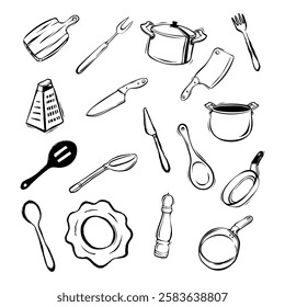 A Collection Of Various Kitchen Utensils And Cookware Items