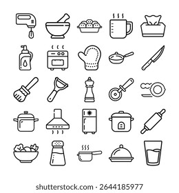 A collection of various kitchen utensils and food items represented as black and white outline icons on a clean white background.