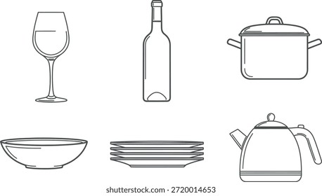 Colección de varios utensilios de cocina y vajilla