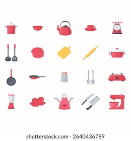 Collection of various kitchenware items, presented as simple, colorful icons.  Each icon depicts a different kitchen utensil, appliance, or piece of cookware in a flat style.  