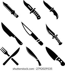 A collection of various knife silhouettes and illustrations generated by AI, including military daggers, survival hunting knives, a machete, a chef's kitchen knife, and a crossed fork and knife cutlery set. High-quality black and white vector elements isolated on a white background, perfect for logos, icons, web design, and graphic projects.