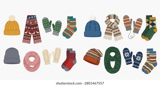 A collection of various knitted winter clothing items, including hats, scarves, mittens, and socks, displayed on a transparent background.