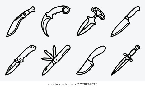 Sammlung von verschiedenen Messern und Dolchen im einfachen Line Art Stil