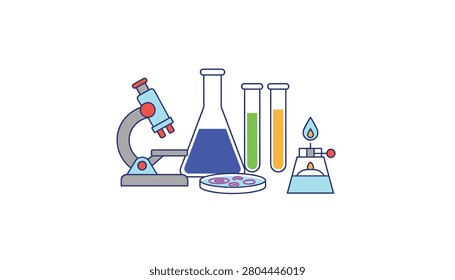Collection of various laboratory equipment including a microscope, beakers, test tubes, and a bunsen burner for scientific research activities.