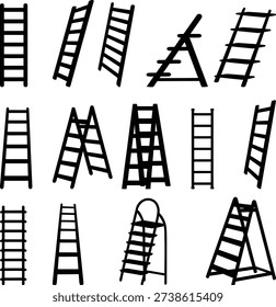 A collection of various ladders in different orientations and designs.