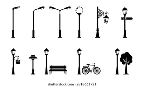 Collection of various lamp posts and benches on transparent background in silhouette design