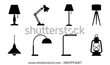 Collection Of Various Lamp Silhouettes In Black And White A Minimalist Graphic Silhouette lamps lighting illumination table floor