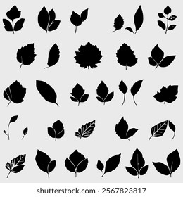 A collection of various leaf silhouettes arranged in a grid on a light background. Ideal for botanical illustrations or nature-themed designs. Flat style, vector