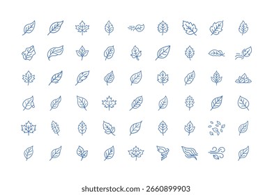 Sammlung verschiedener Blatt- und Windsymbole im blauen Umrissstil.