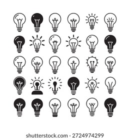 Eine Sammlung verschiedener Glühbirnen-Symbole in Schwarz-Weiß-Designs