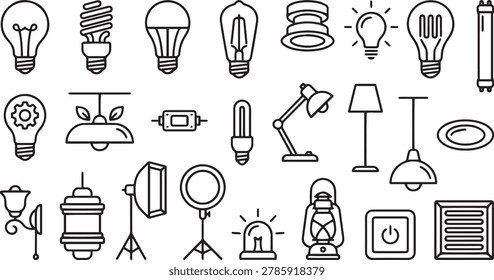 Collection of Various Light Bulbs and Illumination Devices Icon Set