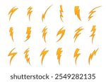 A collection of various lightning bolt icons in orange color, showcasing different styles and shapes. Ideal for graphic design, energy themes, or weather-related projects.