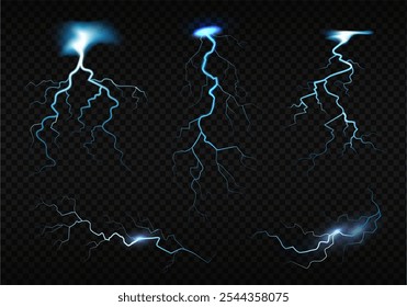A collection of various lightning effects showcasing electric arcs. Vector illustration