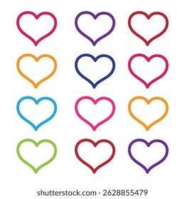 A collection of various line art heart shapes perfect for valentine's day, love themed designs, and romantic decorations.