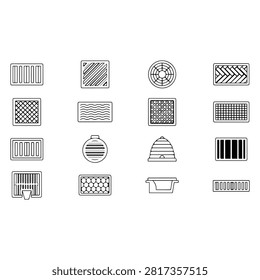 A collection of various line art icons representing different types of drainage grates, sewer covers, and ventilation vents on a white background.