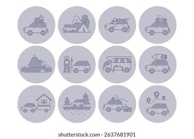Collection of various line icons depicting activities associated with cars, such as camping, refueling, and exploring nature. Ideal for travel enthusiasts