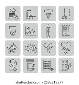 Collection of various line icons related to health and medicine. Elements include medical documents, medications, health charts, and equipment. Medical service concept