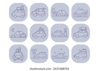 Collection of various line icons related to camping and travel activities. Vehicles with gear, tents, nature, and travel elements, highlighting outdoor adventures