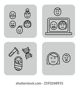 Collection of various line icons representing friendly faces, online communication, health care, and family themes. Ideal for digital designs or educational materials