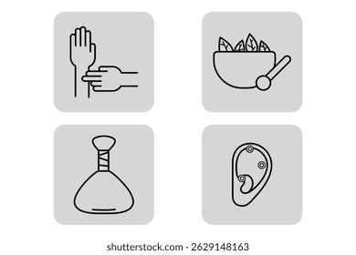 Coleção de vários ícones de linha representando práticas médicas e conceitos de saúde, incluindo verificação manual de pulso, tigela de salada, frasco e exame de ouvido